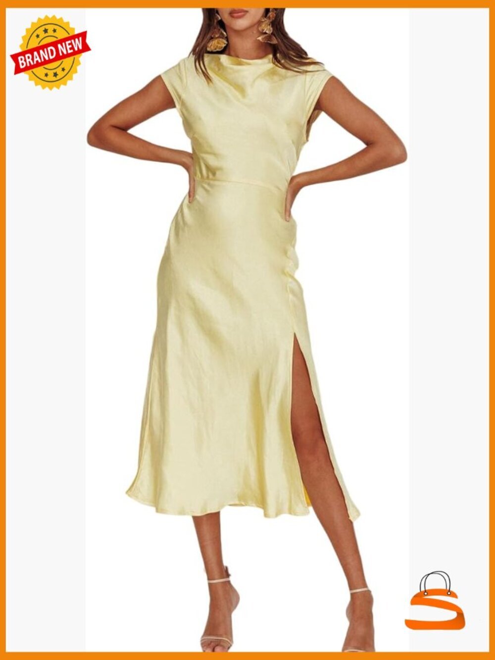 Women's Satin Backless Twist Cap Sleeve Midi Dress Cowl Neck